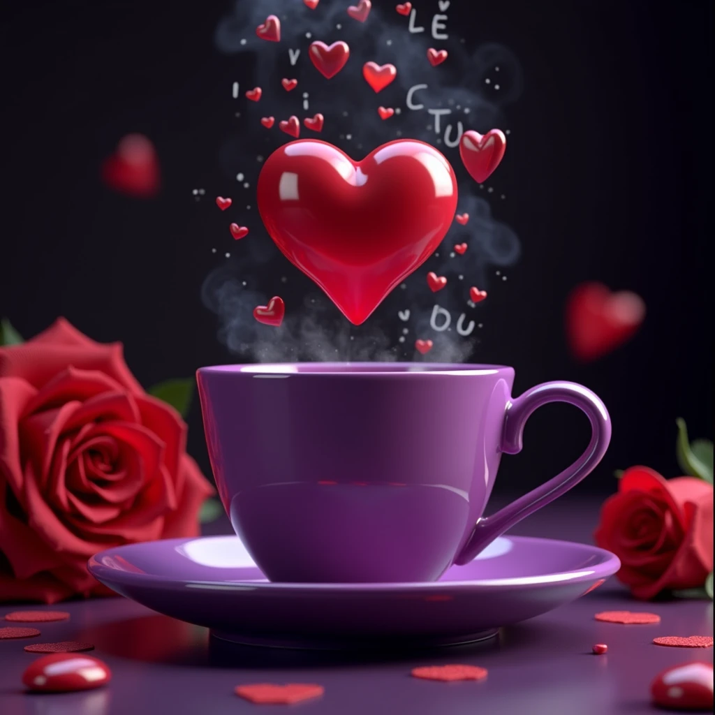 Create a hyper-realistic image of a glossy shiny vibrant purple cup and saucer with a heart design. cup should have steam rising from it that forms smoke, culminating in a floating, glossy shiny vibrant red heart surrounded by smaller hearts at the top. near vibrant red Rose s , written "I LOVE YOU" in cursive font, , background dark, ultra HD 64k hyperrealism studio lightning light reflection