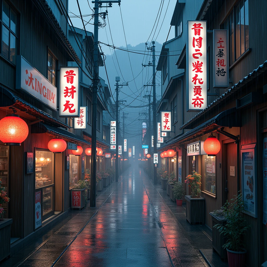 There are many restaurants in the alleys on the streets of Japan. There are many different kinds of signs. It's raining. There are no people.
ไม่สลับภาพ ไม่ซูมภาพ 4k