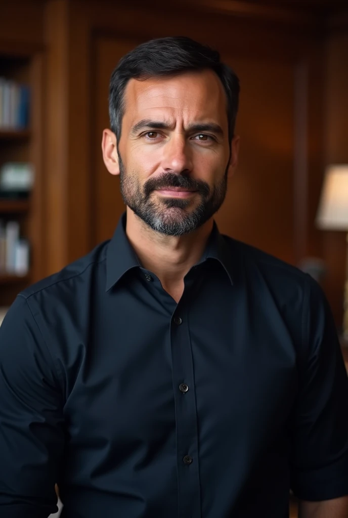 Design an image of a fictional politician for the homepage of a political blog. The politician should be depicted with short, dark hair, a beard, and wearing a dark-colored shirt, similar to the person in the uploaded image. The background should be a simple, professional office setting with wooden paneling to create a sense of formality and trust. The image should be clean and not overly detailed to maintain focus on the politician's serious expression, conveying authority and confidence. The layout must be suitable for all device screens, ensuring it looks polished and approachable on desktop and mobile platforms. Avoid including any text in the image to keep it minimalist and impactful.