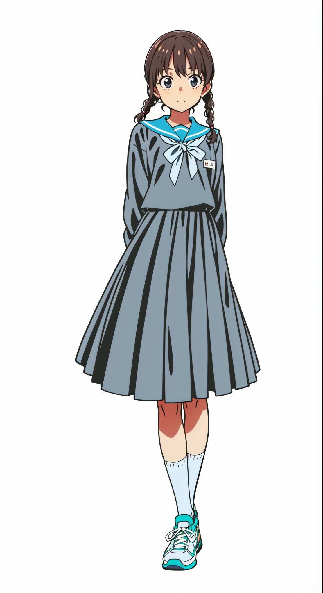 (white background:1.0), (best quality:1.0), (masterpiece:1.0), (super fine illustration:1.0), (beautiful artwork:1.0), (anime screencap:1.0), (official art:1.0), (full body:1.0), (solo:1.0), (a 14yo cute girl:1.0), (long skirt:1.0), (dark blue skirt:1.0), (pleated skirt:1.0), (dark blue sailor uniform:1.0), (long sleeve sailor uniform:1.0), (name tag:1.0), (sneakers:1.0), (white socks:1.0), (ideal ratio body proportions:1.0), (lanky:1.0), (tall:1.0), (slender:1.0), (small breasts:1.0), (smaller face:1.0), (tareme:1.0), (cheerful:1.0), (detailed beautiful eyes:1.0), (detailed beautiful face:1.0), (glowing black eyes:1.0), (short hair:1.0), (swept bangs:1.0), (twin braids:1.0), (black hair:1.0), (standing:1.0), (looking at viewer:1.0)