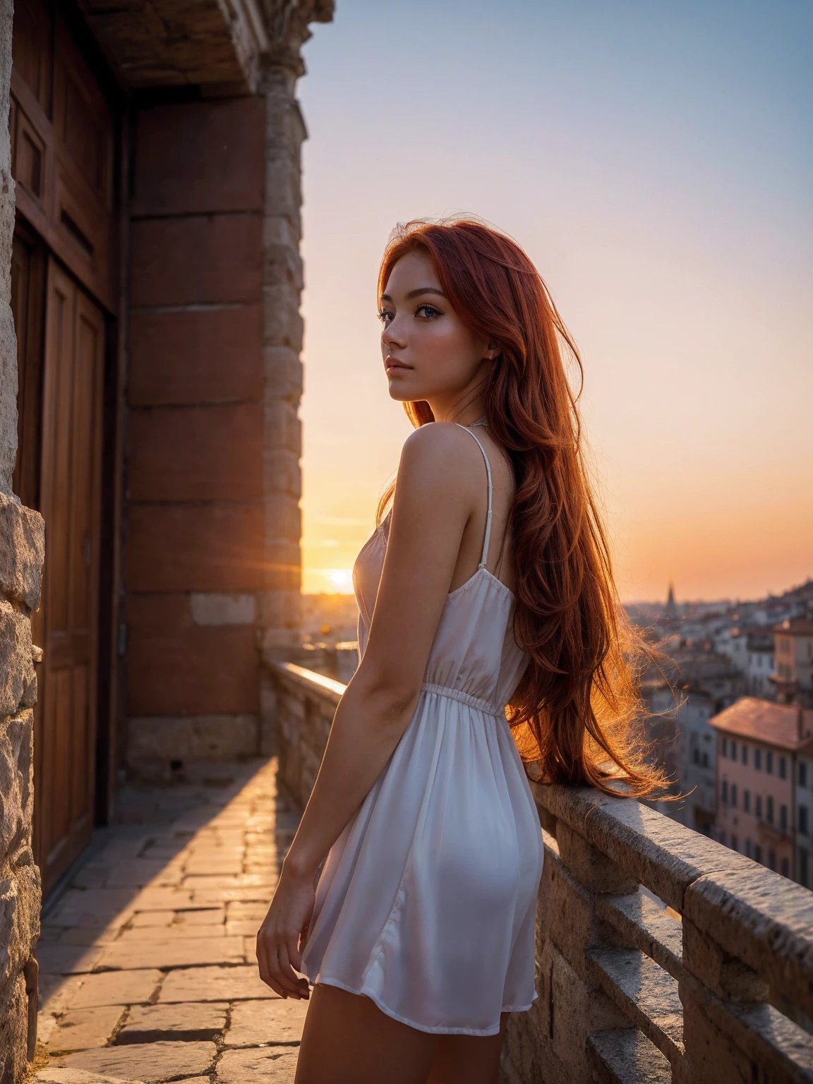 8 K、masterpiece、redhead top quality、Highest level、Highest image quality、the piece is flying、complex parts、a high resolution、depth of field、natural light、professional lighting、Tourist city in Europe, flourishing since ancient times、The city is painted red by the setting sun、sunset sky、(1 girl)、One、Photographing an Italian girl from a distance.、Young woman'The whole body is visible in the camera'viewfinder.、(Cute:1.2)、(highly detailed skin: 1.2)、Deep blue eyes、strong glare in the eyes、big breasts、Ideal Anatomy、eyelashes、(Casual fashion、short boots)、Realistic cars、((tourist cities of Italy、The city is painted red by the setting sun、Street scenery with a sense of history、Luxury hotel with a marble entrance、Terrace Cafe、high church tower、Detailed old castle、sunset sky、Looking at the sunset and the city))、