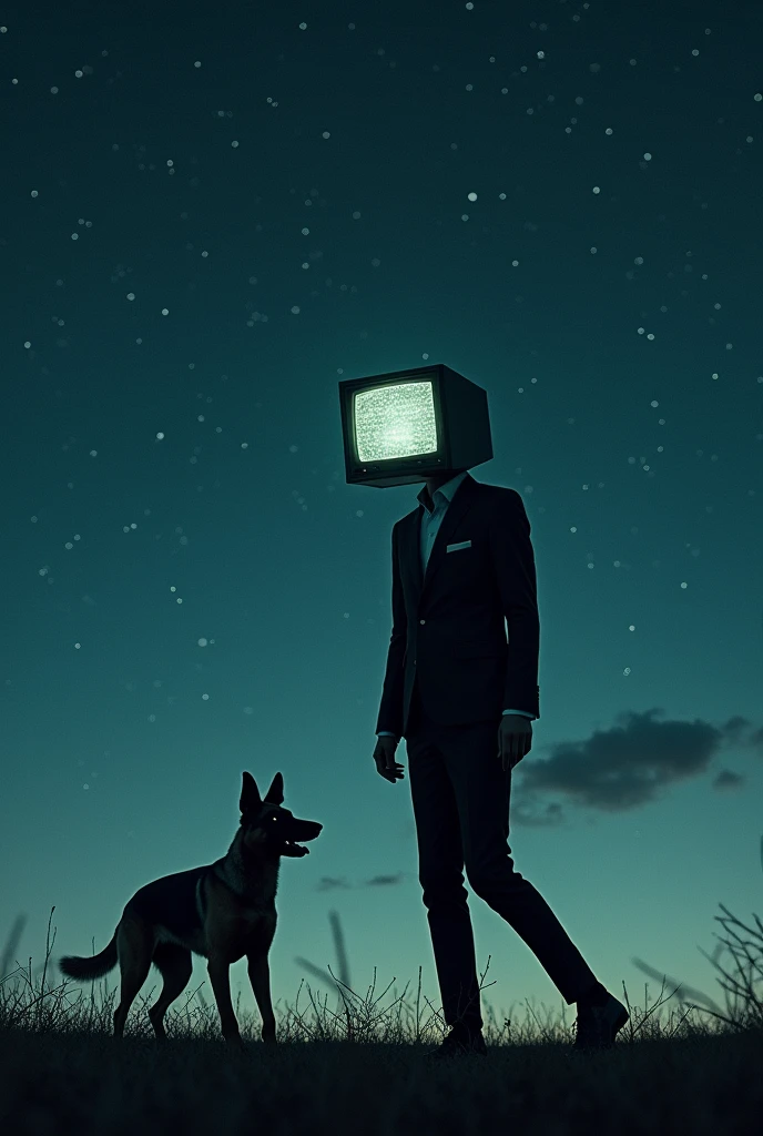 Thin man in an elegant suit with a television head, and on the screen a smile and eyes shaped like static, walking on a starry night alongside their Belgian Shepherd dog