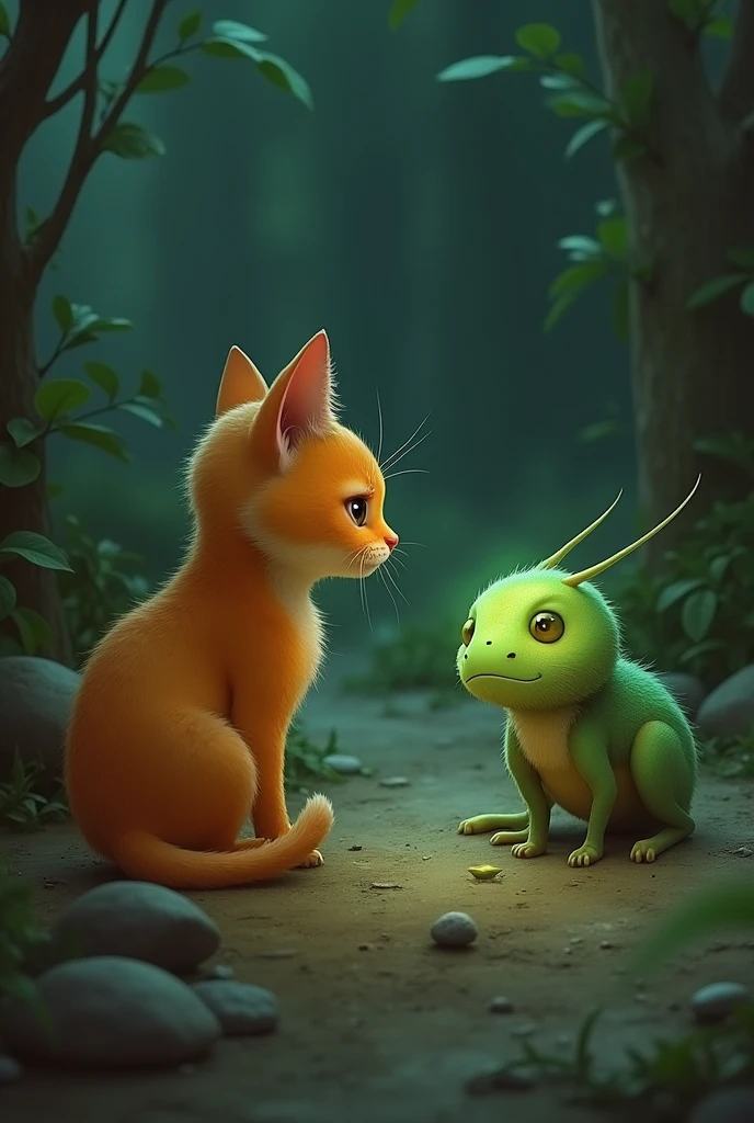The orange little cat real encounters ther creature with a similar green glow. The two exchange cautious looks before the bug on the cat’s back signals trust. The scene is filled with tension, but the green light signifies a potential alliance.