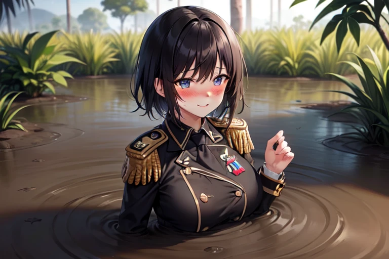 1girl solo, huge breast, (black short hair:1.3), (bangs:1.3), blue eyes, black military uniform, epaulette, necktie, long sleeve, double breasted, partially submerged, in mud, flooding up to the chest, upper body, seductive smile, (jungle:1.3), from above, hands down, (blush:1.3),