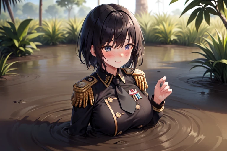 1girl solo, huge breast, (black short hair:1.3), (bangs:1.3), blue eyes, black military uniform, epaulette, necktie, long sleeve, double breasted, partially submerged, in mud, flooding up to the chest, upper body, seductive smile, (jungle:1.3), from above, hands down, (blush:1.3),