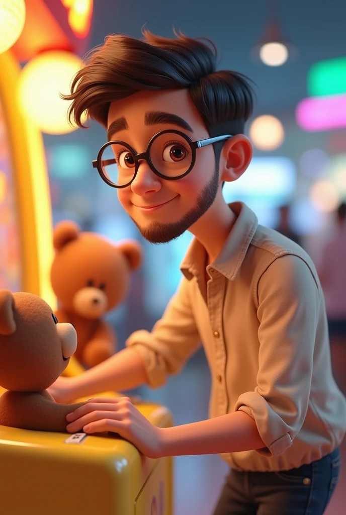 Pixar-style: young white man with beard, Round face, short, trimmed dark brown hair, Wearing Black Round Glasses, A neutral light-colored blouse and she's grabbing a teddy bear from the shopping mall's arcade.