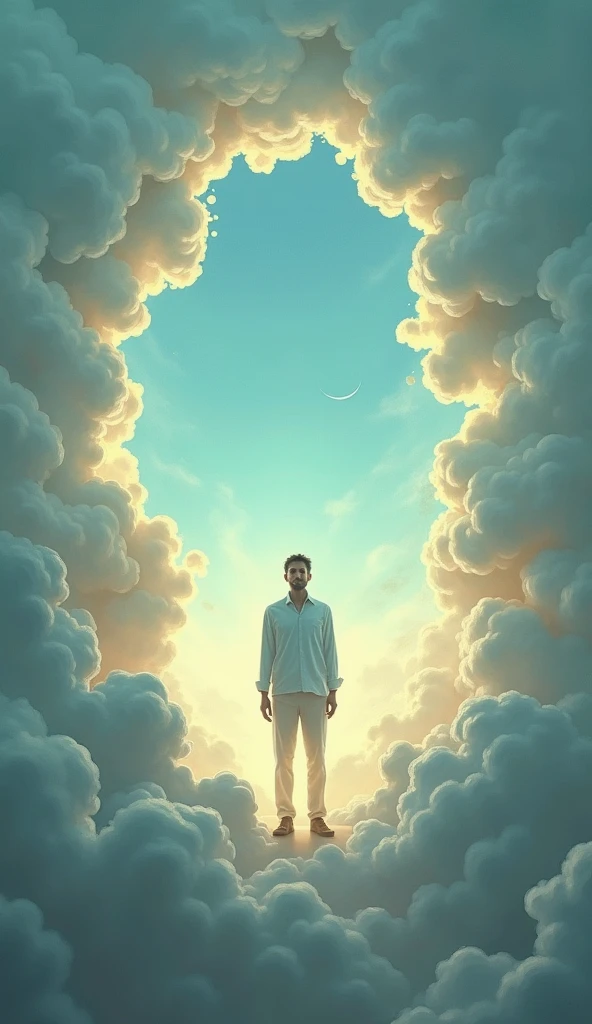 There was a man standing in a hole in the clouds, A painting inspired by Cyril Rolando, pexels contest winners, Surrealism, Through the portal, An ethereal still painting, A world that can only be seen through a portal, Movie《befall》Stills, highly detailed surreal vfx, The soul coming out of the portal, digital art 4k unsettling