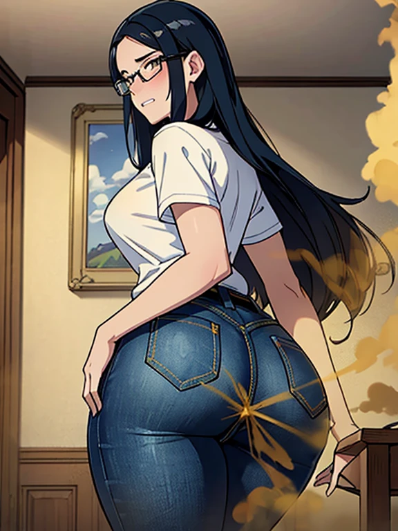 (best quality:1.4),masterpiece,ultra-detailed,delicate features,delicate skin,realism,beautiful lighting,1girl,black hair ,blues eyes ,tareme,long hair,gleaming skin,glasses, oversized tshirt, blue jeans, massive fart, yellow smoke rising, blush, viewing ass, clenching teeth, hallroom