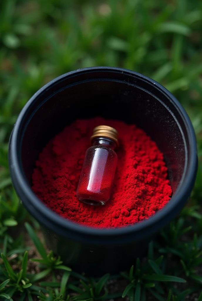 vial, red dust in vial, vial in large black plastic box without lid, outside, on the grass, top view, low light, red dust only in vial