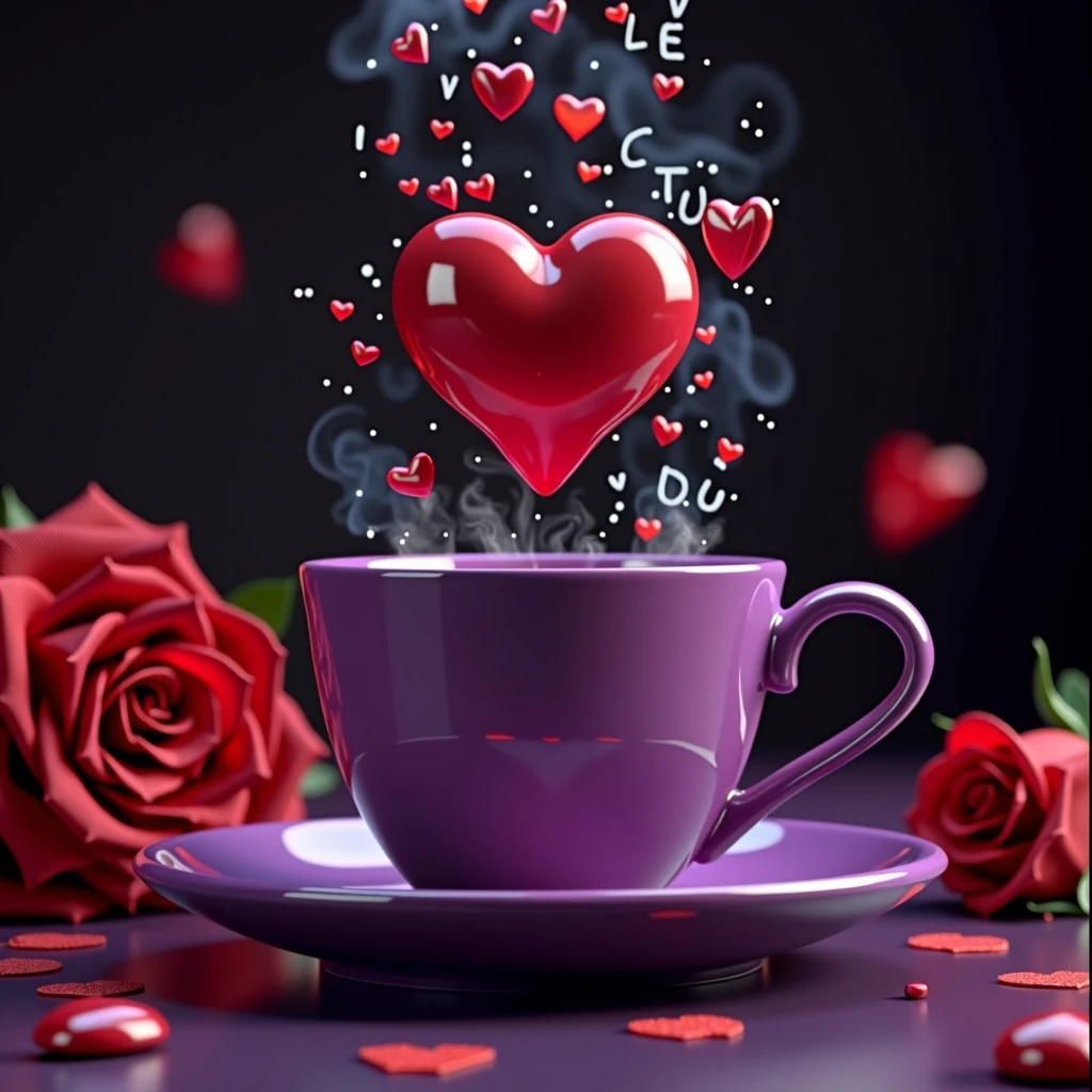 Create a hyper-realistic image of a glossy shiny vibrant purple cup and saucer with a heart design. cup should have steam rising from it that forms smoke, culminating in a floating, glossy shiny vibrant red heart surrounded by smaller hearts at the top. near vibrant red Rose s , written "I LOVE YOU" in cursive font, , background dark, ultra HD 64k hyperrealism studio lightning light reflection