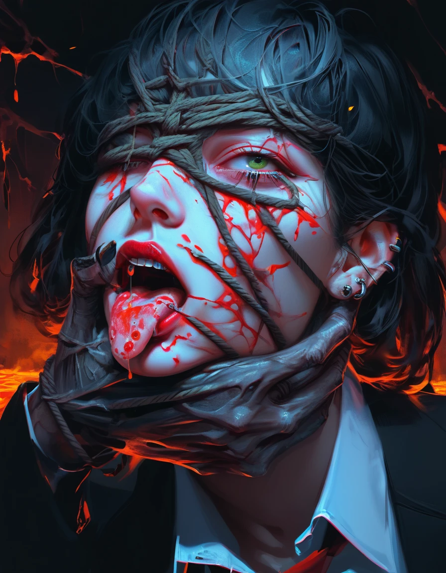 a drawing of a woman with a balaclava covering her eyes, and a tie around her neck, trending on deviantart, given, with her mouth open with her tongue pierced, alternative album cover, dark metal art only, deadly fists, dark illustration , strangled with rope, dark surreal art, silent, anatomically correct, super detail, high details, highres, 4K