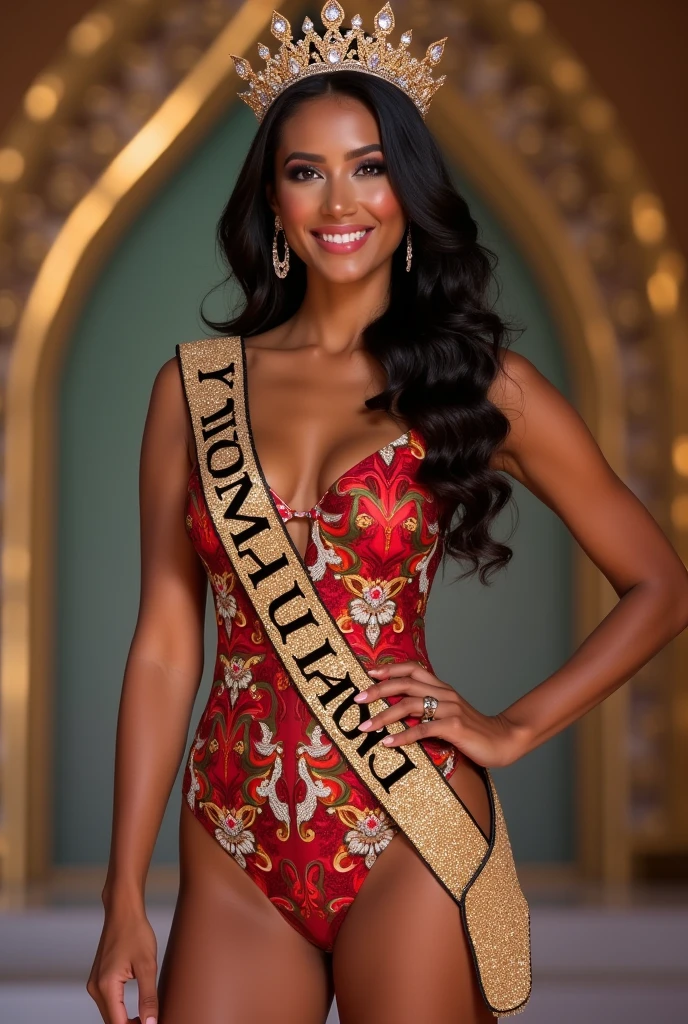 Create an image of a beautiful Miss Universe winner representing the country of Yomaland. She stands confidently on stage, wearing a stunning, swimsuit,
featuring intricate patterns and rich colors like deep red, vibrant Diamond. Her hair is styled in loose waves, adorned with a crown made of precious gemstones and delicate gold filigree, symbolizing the cultural heritage of Yomaland.A sash drapes elegantly across her shoulder, with 'YOMALAND' written in bold, shimmering letters. Her makeup is flawless, highlighting her natural beauty, with a radiant smile that reflects her poise and grace. The background shows an opulent stage with soft lighting, accentuating her presence as the center of attention.