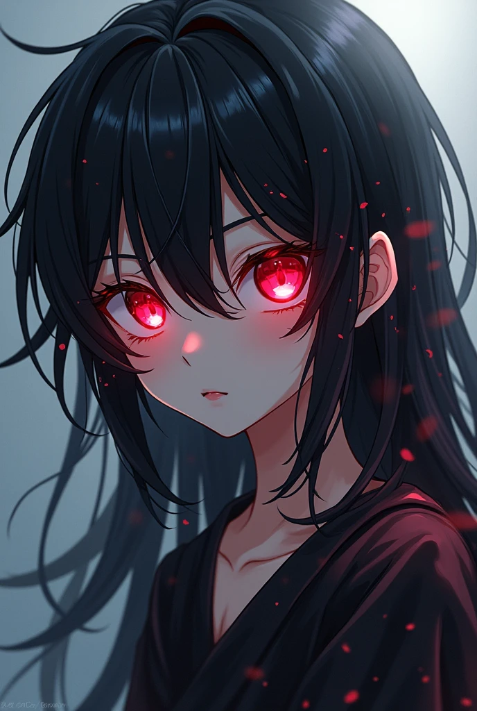 Boy with long black hair and red anime eyes