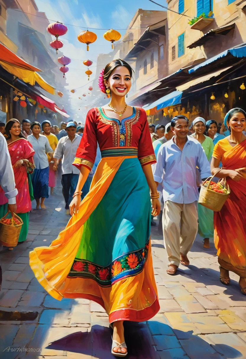A breathtaking acrylic painting of a vibrant street market in a bustling city, with a stunning woman in a colorful, traditional dress navigating through the crowd. Her confident stride and elegant posture draw the eye, and her warm smile and friendly demeanor make her approachable and engaging.