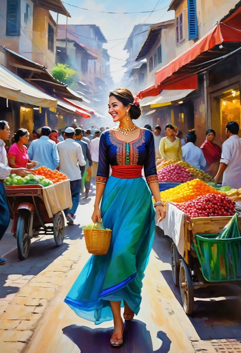 A breathtaking acrylic painting of a vibrant street market in a bustling city, with a stunning woman in a colorful, traditional dress navigating through the crowd. Her confident stride and elegant posture draw the eye, and her warm smile and friendly demeanor make her approachable and engaging.