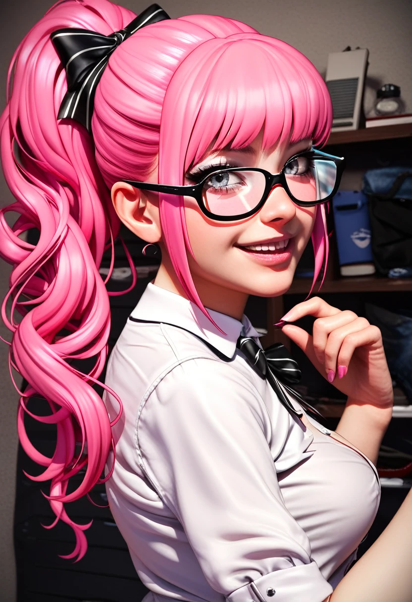 ****ta, glasses, ponytail, pink hair, button down white shirt, gray eyes,1girl, gorgeous, blouse, 4k, hd, room, looking at the viewer, repaired eyes, correct anatomy, natural colors, realistic, closet-up, from below, gesugao, sadistic, sexy pose, portrait