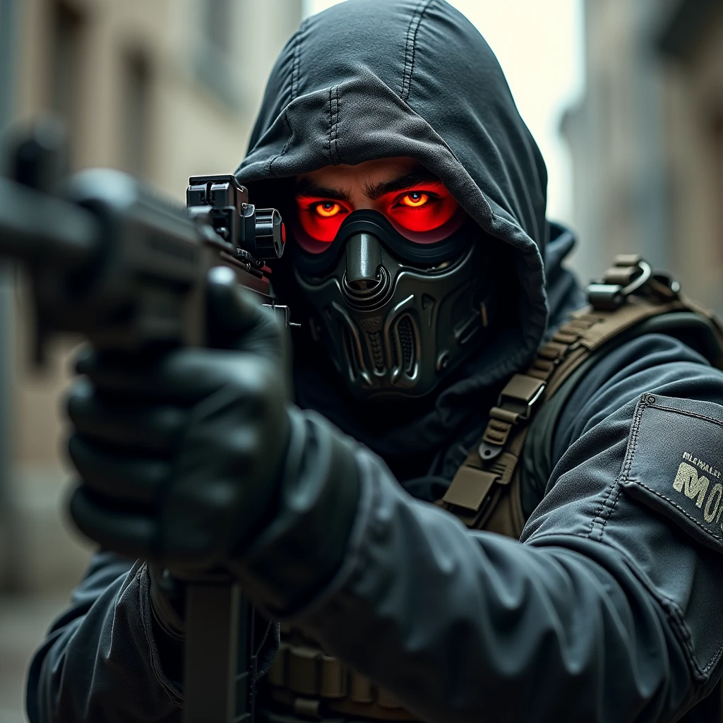 Soldie, angry, mask with red glasses, aiming automatic gun, m4,aiming to target