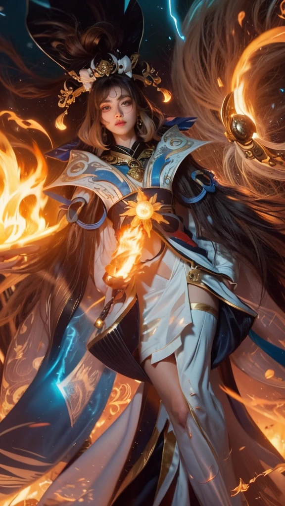 a woman in a white dress holding a sword and a fire ball, beautiful celestial mage, onmyoji detailed art, full portrait of elementalist, onmyoji, epic mage girl character, by Yang J, fire mage, flowing magical robe, heise jinyao, extremely detailed artgerm, female mage, ne zha from smite, ornate flowing robe