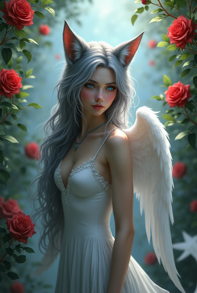 A female human with wolf ears and a wolf tail, with grey hair, blue eyes, with white wings and a rose in her hair, and rose bushes in the background