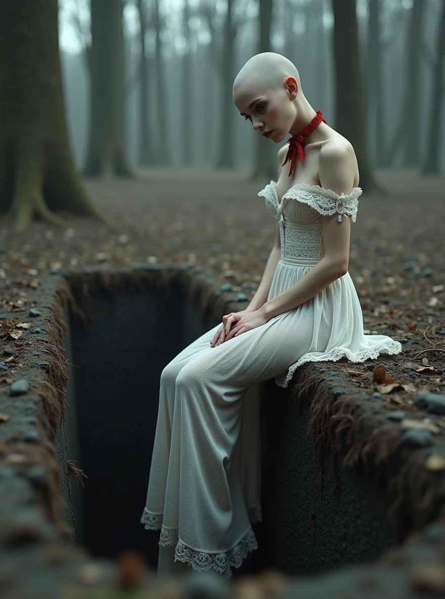 (Photorealism:1.1), Young woman, bald, Long legs, Beauty, medium breasts, the right hand strokes his hair, dressed in a long white dress, the girl's shoulders are bare, legs are bare, lace dress, lace corset, a long train of the dress hangs on the edge of the grave, Young woman сидит на правом краю могилы, gray eyes color, the background is a dense, dry, gloomy forest of very thin branches, , Young woman сидит на краю могилы свесив ноги, looks into the grave, a red lace bow on her neck, grave is dug in the ground, The edges are earthen, earth walls, black earth, wide grave, rectangular grave