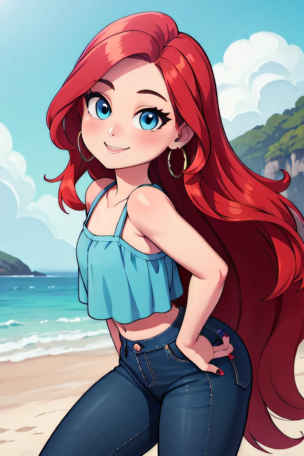 (masterpiece:1.2), (best quality), (ultra detailed), (8k,4k),(half body:1.2), (cowboy:1.2), (highly detailed:1.2), (detailed face:1.2), (detailed background), (portrait), detailed landscape, (dynamic pose:1.2), (perfect lighting), ruby 1girl, solo, long hair, looking at viewer, smile, jewelry, very long hair, standing, red hair, earrings, black leggings pants, blue eyes, white-skinned female, black ruffle crop top, denim, blue nails, jeans, hoop earrings, beach background,
