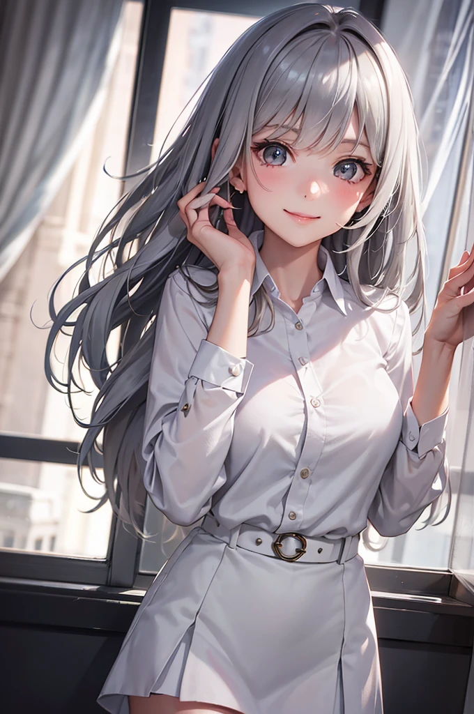 Best Quality,High resolution,8k,finelity detailed background,Masterpiece:1.2),beautiful girl,Glossy romance gray hair,messy hair,Gray eyes,Gentle look,A refreshing look,smile,Best quality,Best Quality,Aesthetic and aesthetic:1.2,Best details((Super detailed))(High-definition CG illustrations),summer uniform,Slender body,School,In the classroom,smile,blush,cute,Scrounge,Looking up,Being spoiled,super model