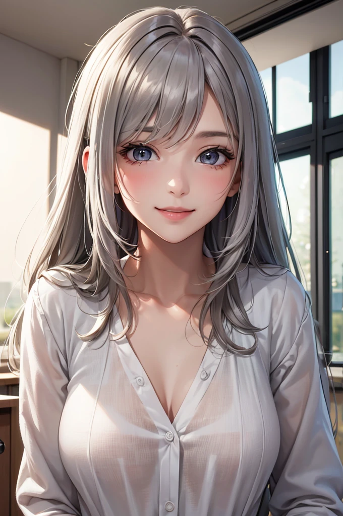 Best Quality,High resolution,8k,finelity detailed background,Masterpiece:1.2),beautiful girl,Glossy romance gray hair,messy hair,Gray eyes,Gentle look,A refreshing look,smile,Best quality,Best Quality,Aesthetic and aesthetic:1.2,Best details((Super detailed))(High-definition CG illustrations),summer uniform,Slender body,School,In the classroom,smile,blush,cute,Scrounge,Looking up,Being spoiled,super model