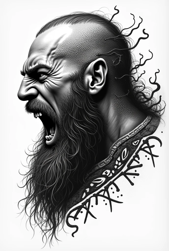 Create a black and white tattoo of a Viking's face in stippling, in profile, screaming with Viking runes and sharp axes for a tattoo.