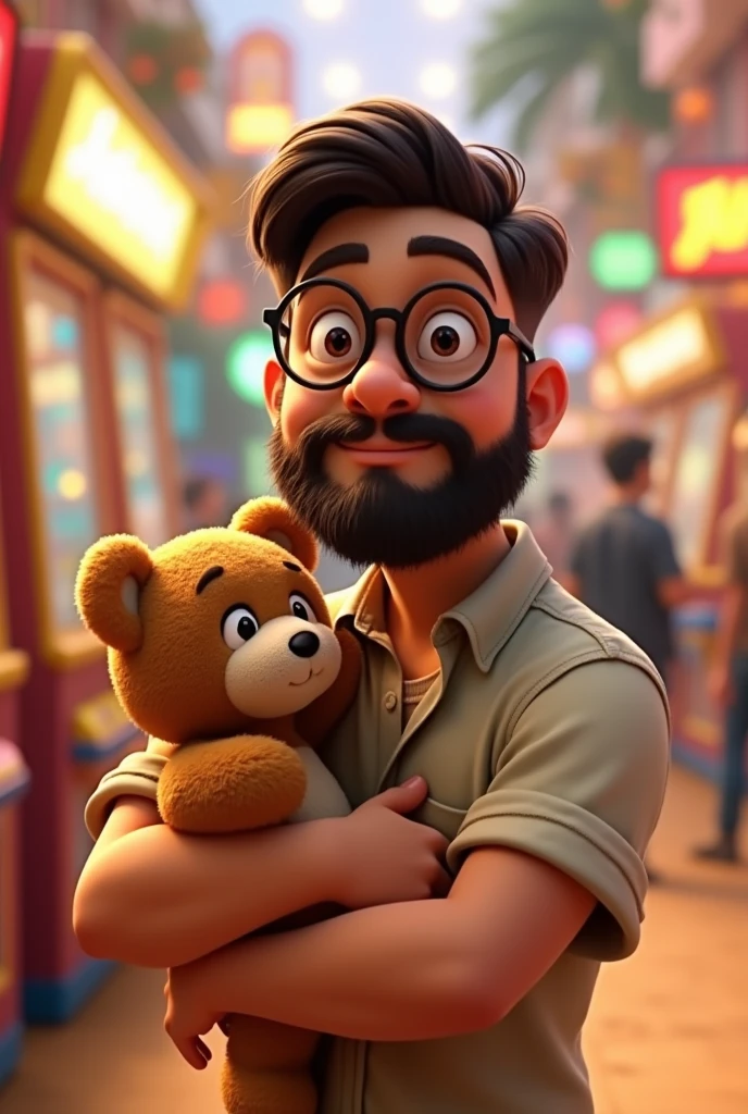 Pixar-style: young white man with a full beard, Round face, short, trimmed dark brown hair, Wearing Black Round Glasses, A neutral light-colored blouse and she's grabbing a teddy bear from the shopping mall's arcade.