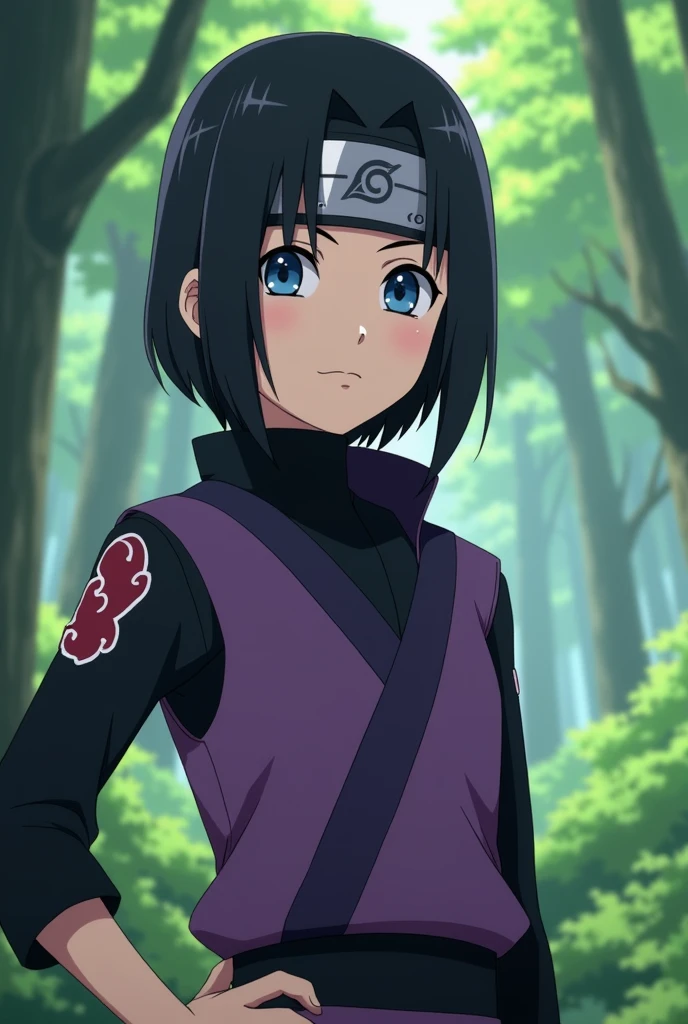 Screenshot, naruto anime style, A girl, medium height, blue eyes, short black hair loose, side bangs, purple and black ninja clothing, In a forest