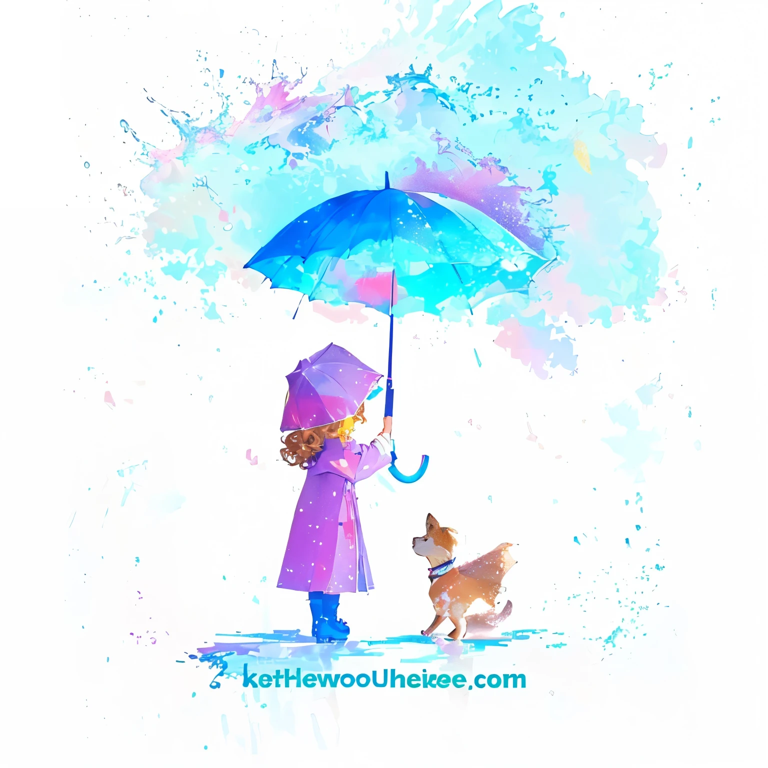 "Create a children's book cover featuring a young girl standing in the center against a clean, white background. The girl is around six years old with curly brown hair, wearing a bright yellow raincoat and red boots. She is holding a large purple umbrella above her head, slightly tilted to the side. The girl has a joyful expression, looking upwards as if watching raindrops fall from the umbrella. The title of the book is written in playful, colorful letters at the top, and the author's name appears in smaller text at the bottom."