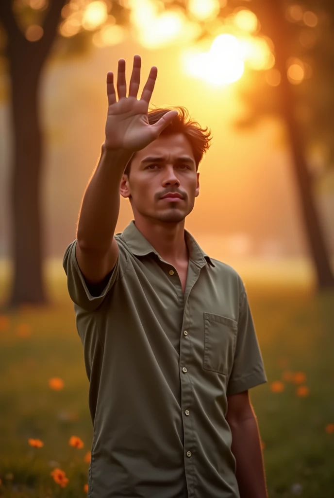 A person standing in a calm, natural setting, like a peaceful park at sunset. The person is shown from the front, with one hand raised in a gesture of refusal or rejection, as if pushing something away. The expression on the person's face is serious but peaceful, symbolizing inner strength and determination. The surrounding environment is tranquil, with warm sunlight filtering through the trees, suggesting clarity and focus as the person rejects unhealthy distractions like pornography, choosing instead a path of self-discipline and growth.