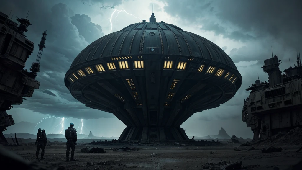 "UNSETTLING: Crew Lands on Planet of Dead Giants—Is Their Demise Imminent?" "Design a clickbait YouTube thumbnail depicting a shocking scene of a spaceship crew surrounded by colossal, dead alien beings on a desolate planet. The background should feature a war-torn landscape with remnants of alien structures and a dark, ominous sky filled with storm clouds and lightning. Highlight the eerie, towering alien corpses with twisted, mysterious features, and show the crew members looking horrified and tense. Include elements like glowing eyes or faint ghostly silhouettes in the distance to suggest impending danger. Use bold, attention-grabbing text overlays like 'FATE SEALED?' and 'ALIEN WAR ZONE' to draw viewers in and create suspense."

Text Overlay:

"FATE SEALED?"
"ALIEN WAR ZONE"