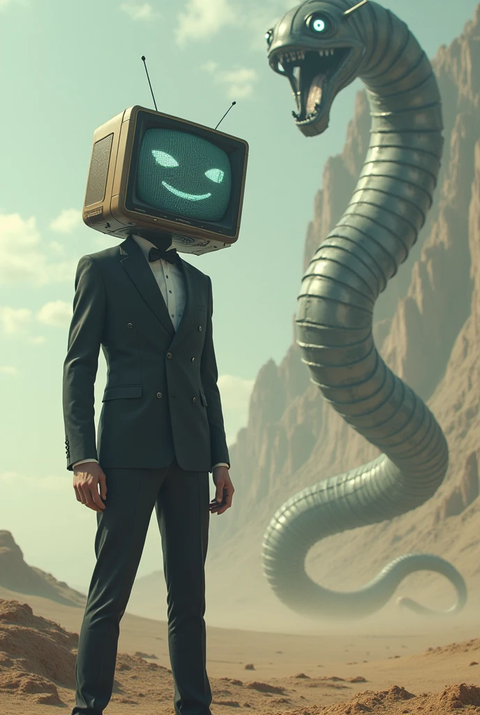 Thin man in an elegant suit with a television head, and on the screen a smile and eyes shaped like static, fighting a 2 kilometer long mechanical worm