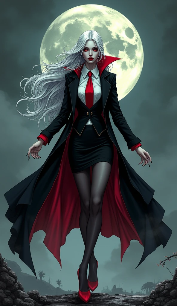 The woman vampire red eyes, long white hair, 

She wear the long black coat inside the black coat has carmine color, black suit, white shirt, red necktie, long black pencil skirt, black tights, red high heels.

black grey sky, fantastic night sky, moon, cartoon novel, 4K, HD