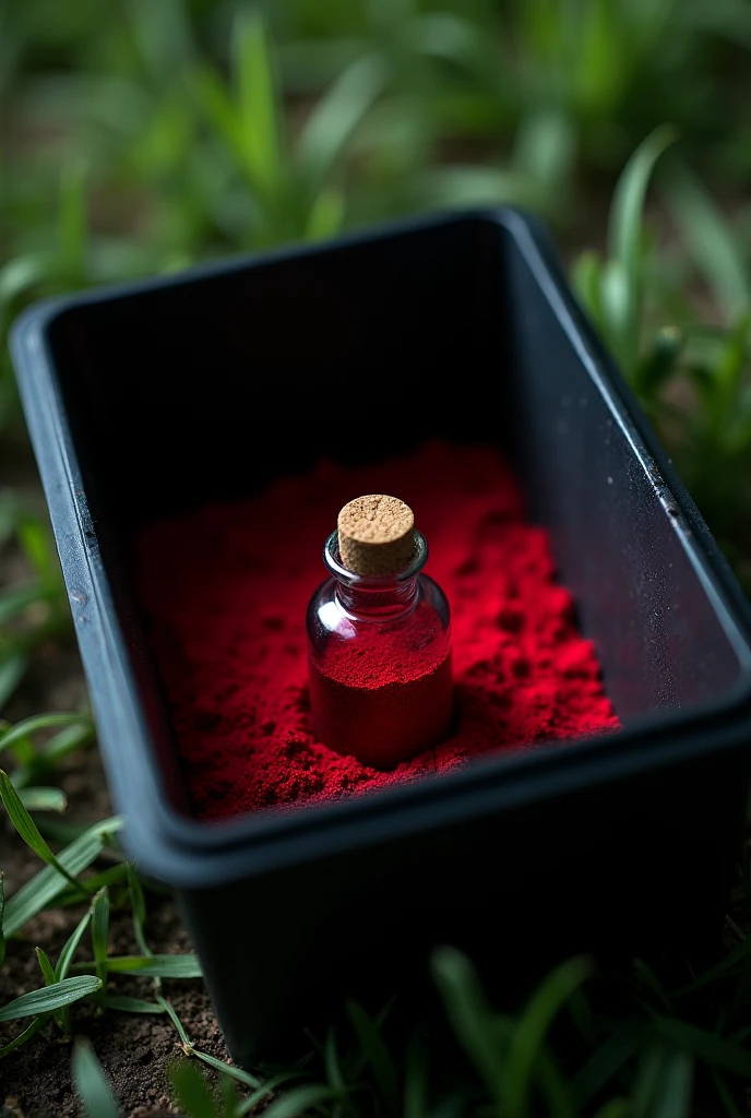 vial, red dust in vial, vial in large black plastic box without lid, outside, on the grass, top view, low light, red dust only in vial