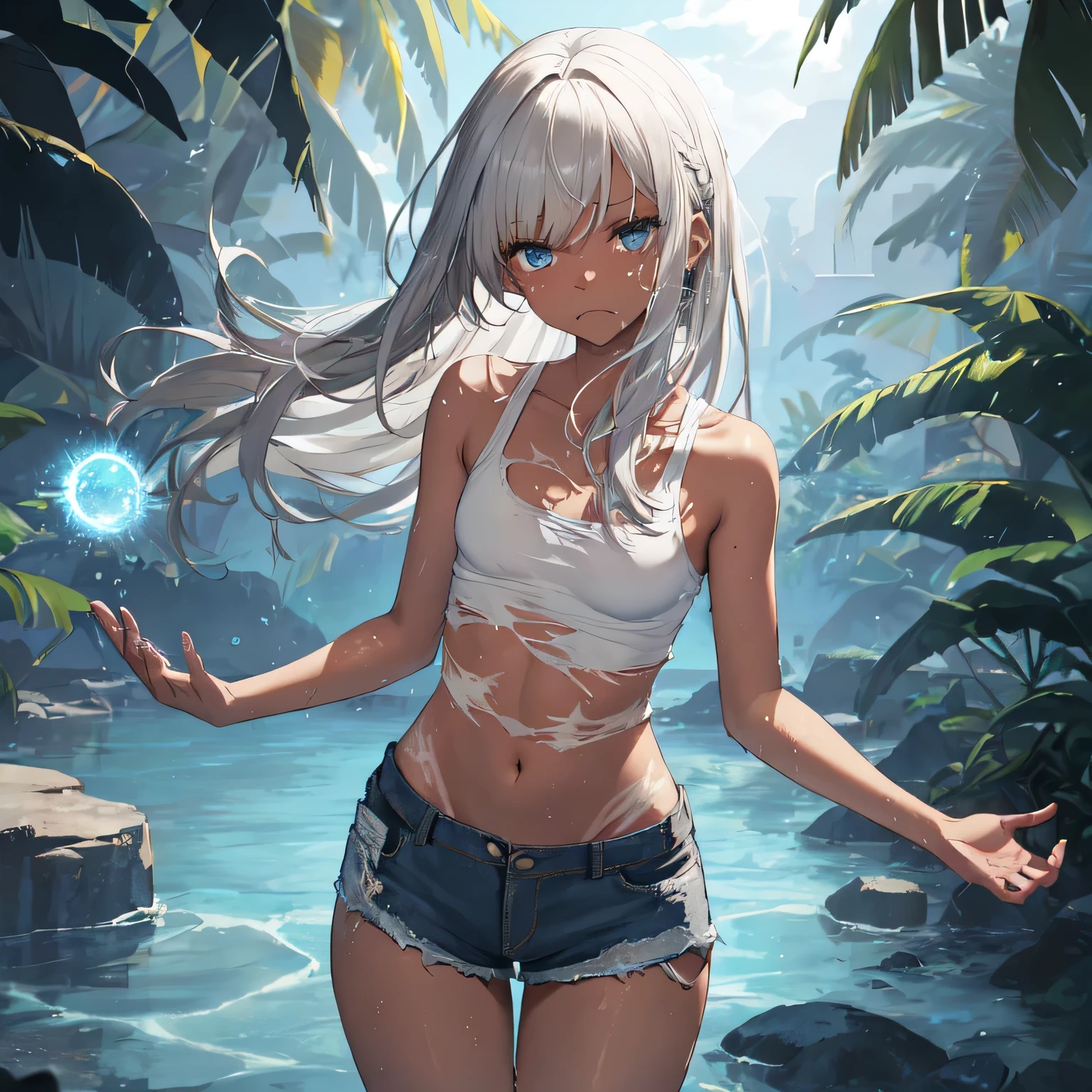 1 personの, Gray Hair, blue eyes, Water Mage, Particles of light, wallpaper, High Contrast, colorful,desert、Arid World、Sad face、Thin Belly、Brown skin、Dark skin、Shabby clothes、Polka dots on the palm of your hand、magic、水magic、Black、Black Skin、Black、Water floats、乱れたGray Hair、Torn white tank top、No bangs、Super long、White tank top、Torn tank top、Tattered shorts、Tattered clothes、Lonely face、Skinny body、Too skinny、Ribs stand out、Small breasts、Brown skin、Too much sunburn、A skinny, shabby body、Wrapping seaweed around the body、Super longヘア、Gray Hairロング、Crying face、Face about to die、1 person、Brown skin、Too skinny、Ribs stand out、Extremely skinny、White shirt、White clothes、Water on hands、Polka dots floating in the air、Put water on the palm of your hand、Water drops on the palm、Torn tank top、Tattered shorts、Water floats、magic、水magic、