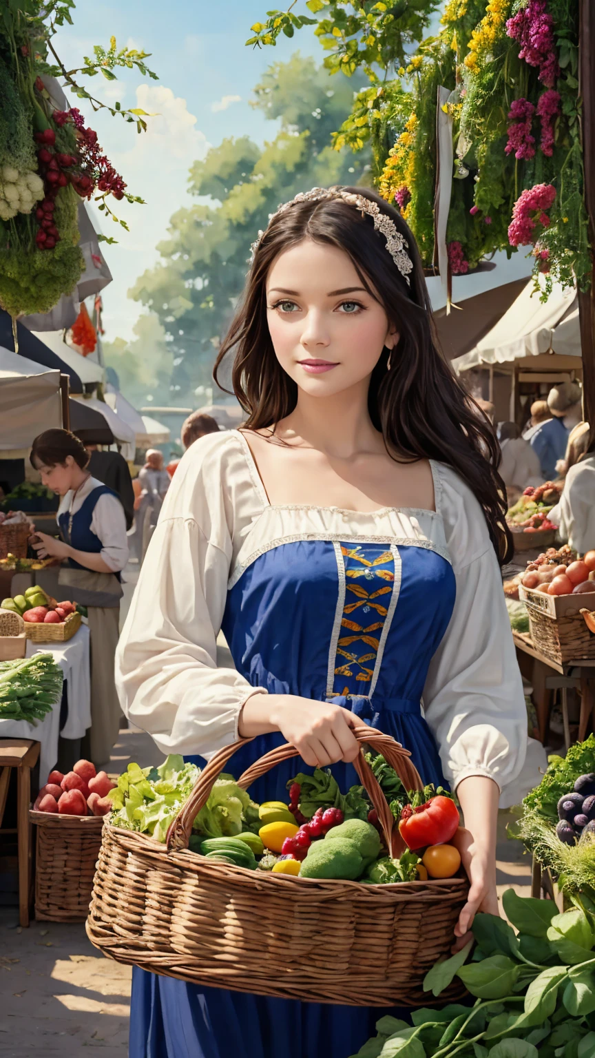 A whimsical watercolor depiction of a medieval maiden clad in intricately patterned Swedish attire, amidst a vibrant farmer's market. She holds a basket overflowing with colorful vegetables and fruits, set against a mystical backdrop of ancient stones and verdant foliage. Delicate brushstrokes bring the scene to life, as the simple yet elegant design transports the viewer to a bygone era.
