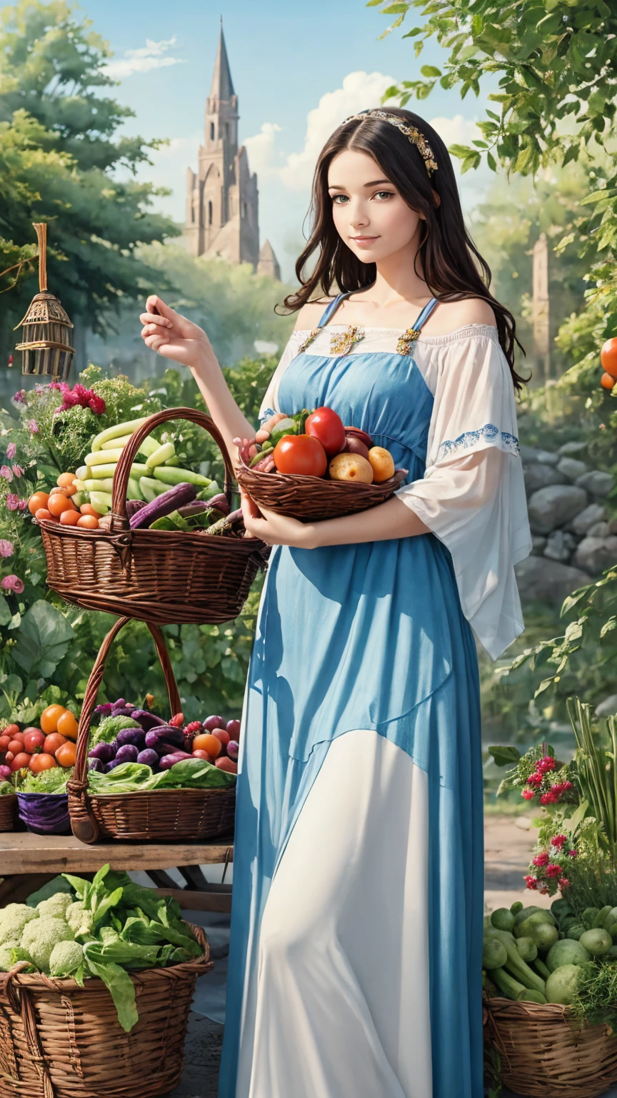 A whimsical watercolor depiction of a medieval maiden clad in intricately patterned Swedish attire, amidst a vibrant farmer's market. She holds a basket overflowing with colorful vegetables and fruits, set against a mystical backdrop of ancient stones and verdant foliage. Delicate brushstrokes bring the scene to life, as the simple yet elegant design transports the viewer to a bygone era.
