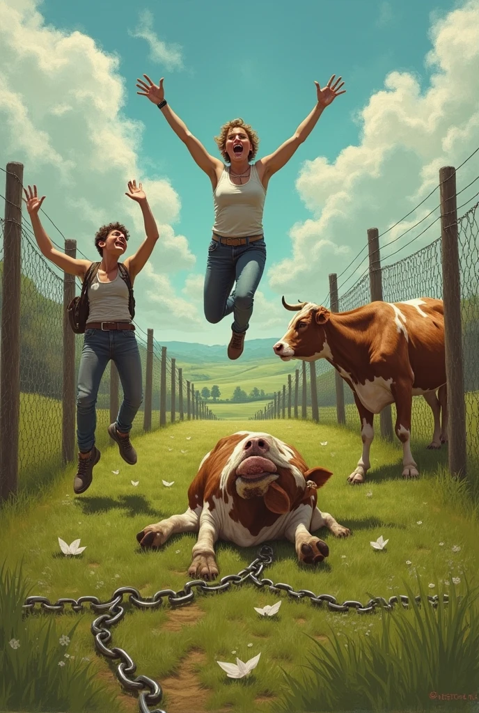 Humans showing off freedom in front of tied cows who are crying