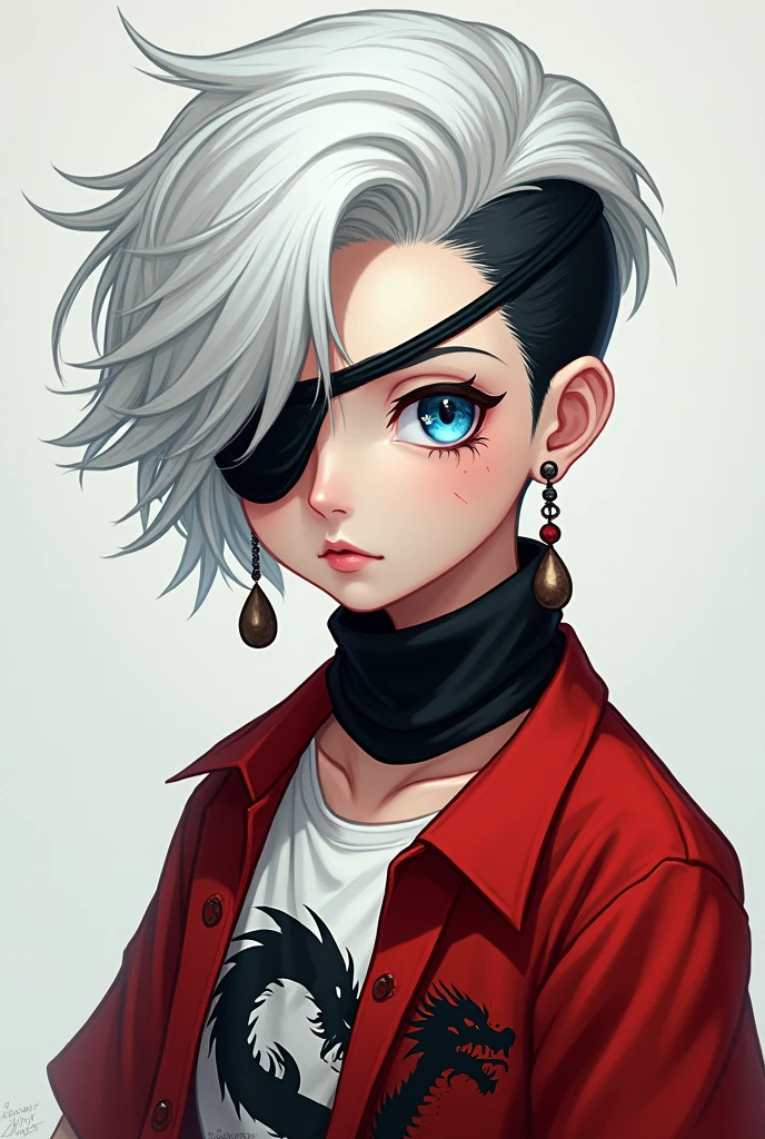 Make a Realistic Character, with white hair style with white and black hair cut side, blue colored eyes, skin fair, scar on the right eye, an eye patch on the left eye, wears a scarf on the neck, wears an open red shirt with a dragon print, and has 1,70 tall, wears a white shirt underneath, He weighs 65 kilos, 18-years old, medium eyes, He is slender, and has a rounded face, long earrings with a ball