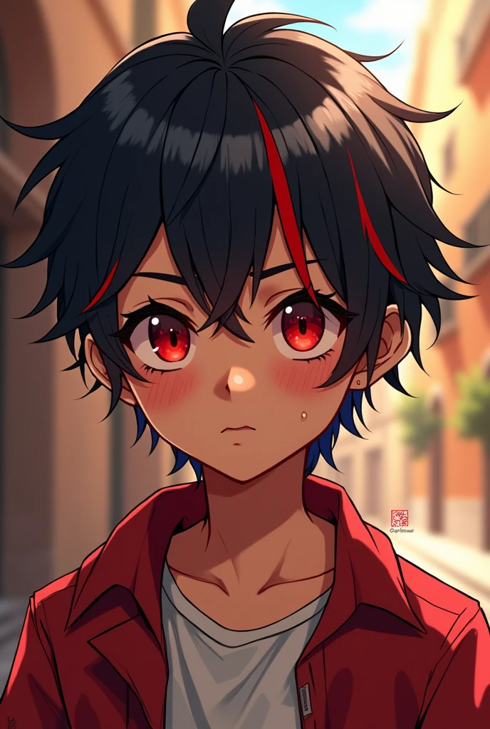 A Spanish boy with long black and red anime eyes 