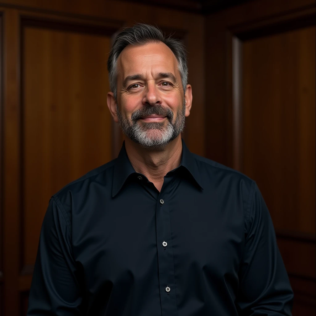 Design an image of a fictional politician for the homepage of a political blog. The politician should be depicted with short, dark hair, a beard, and wearing a dark-colored shirt, similar to the person in the uploaded image. The background should be a simple, professional office setting with wooden paneling to create a sense of formality and trust. The image should be clean and not overly detailed to maintain focus on the politician's serious expression, conveying authority and confidence. The layout must be suitable for all device screens, ensuring it looks polished and approachable on desktop and mobile platforms. Avoid including any text in the image to keep it minimalist and impactful.