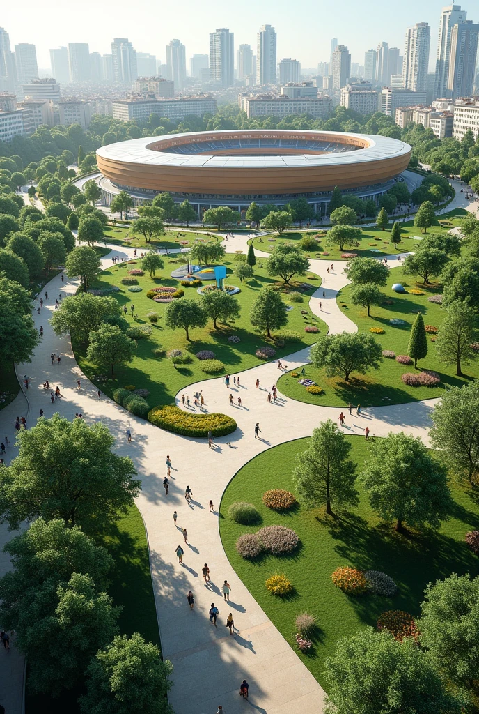 an urban area where parks and squares have been created around the stadium, providing recreational areas for all ages. These green spaces also act as urban lungs., improving air quality and reducing the temperature of the area, near a sports stadium