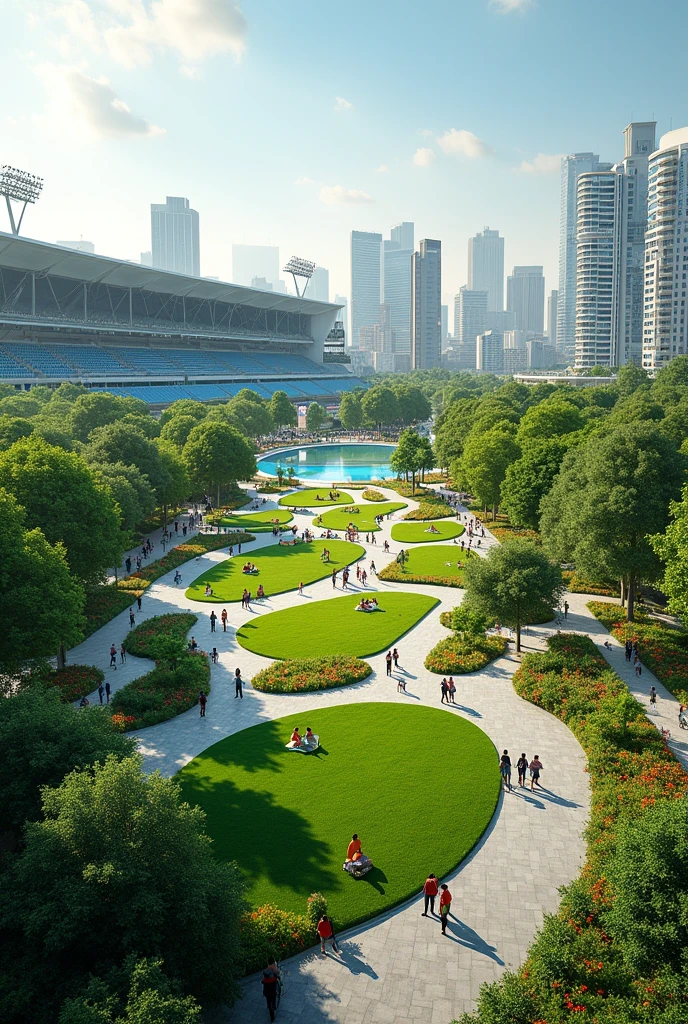 an urban area where parks and squares have been created around the stadium, providing recreational areas for all ages. These green spaces also act as urban lungs., improving air quality and reducing the temperature of the area, near a sports stadium