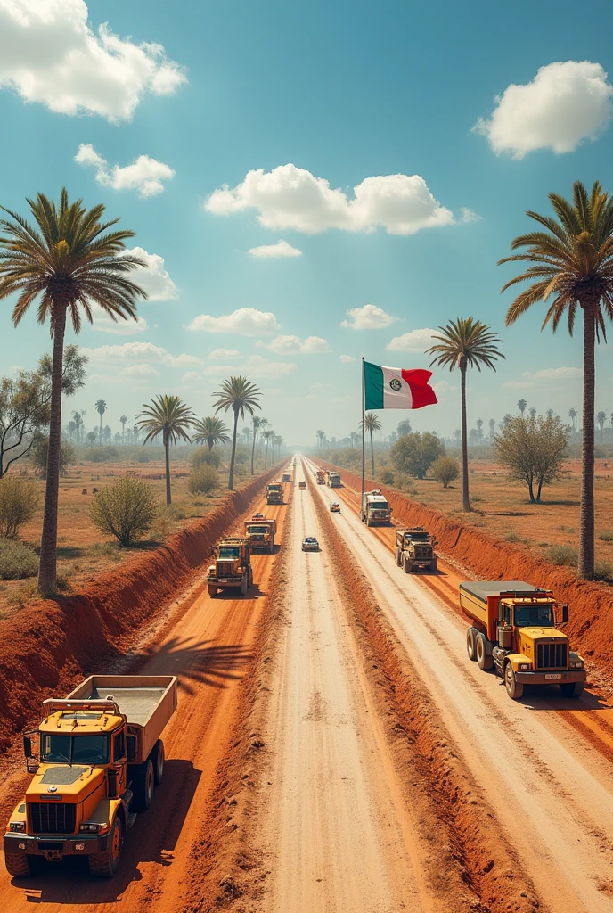 A two-lane road under construction with the flat Chaco landscape and coconut trees covered by workers, tractors, trucks, flag of Paraguay with red stripes, white and blue