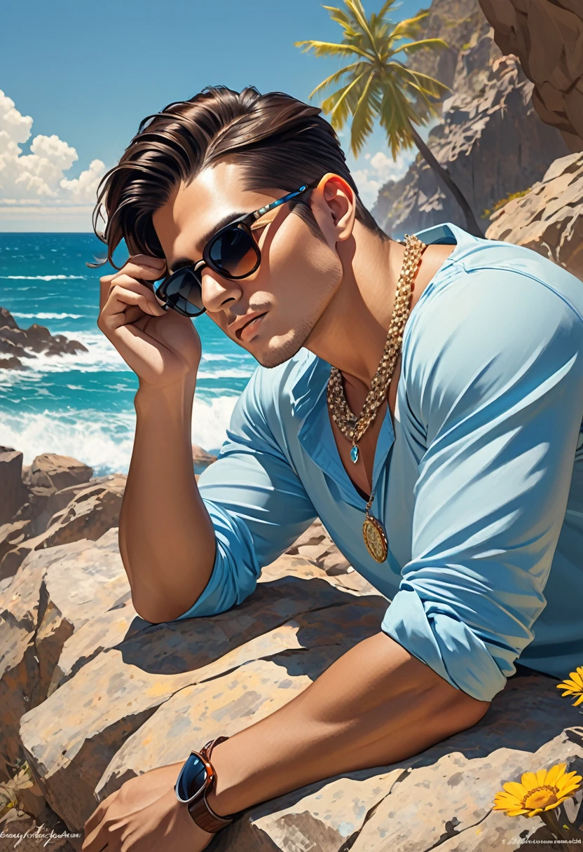 arafed man with sunglasseses and a necklace laying on a rock, inspired by Jorge Jacinto, inspired by Byron Gálvez, no sun, in sunglasses, with sunglasses, profile image, taken at the beginning of 2020, inspired by Randy Vargas, sunny day time, Christian, profile imageture 1024px, Christian orrillo