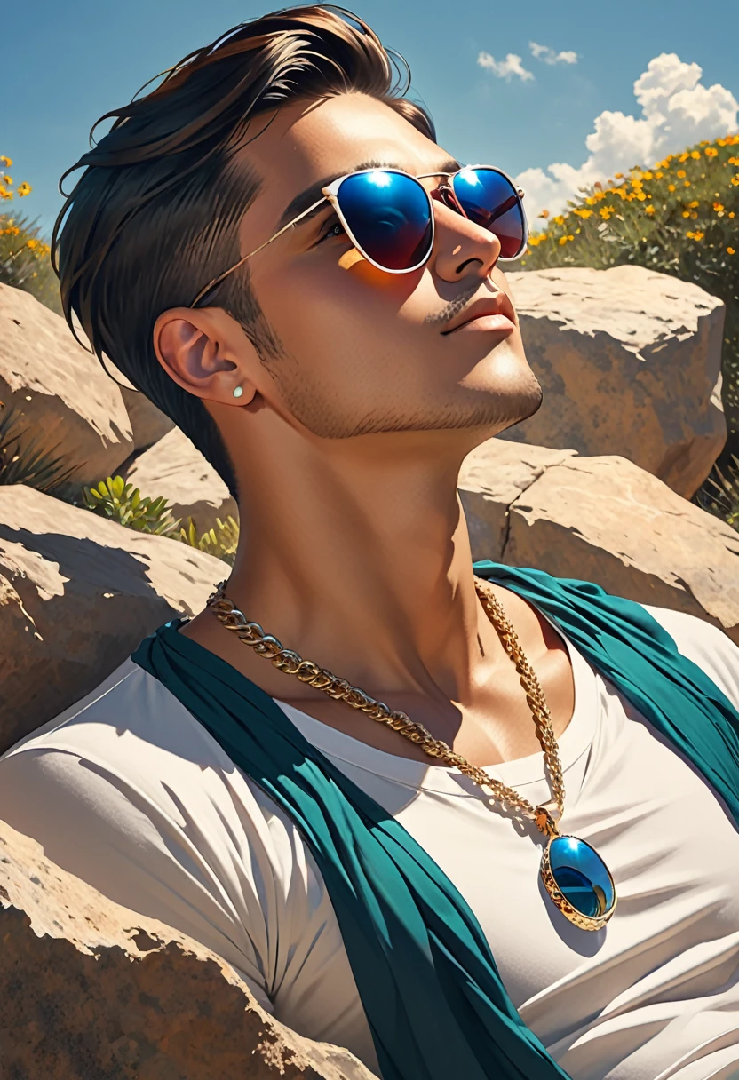 arafed man with sunglasseses and a necklace laying on a rock, inspired by Jorge Jacinto, inspired by Byron Gálvez, no sun, in sunglasses, with sunglasses, profile image, taken at the beginning of 2020, inspired by Randy Vargas, sunny day time, Christian, profile imageture 1024px, Christian orrillo