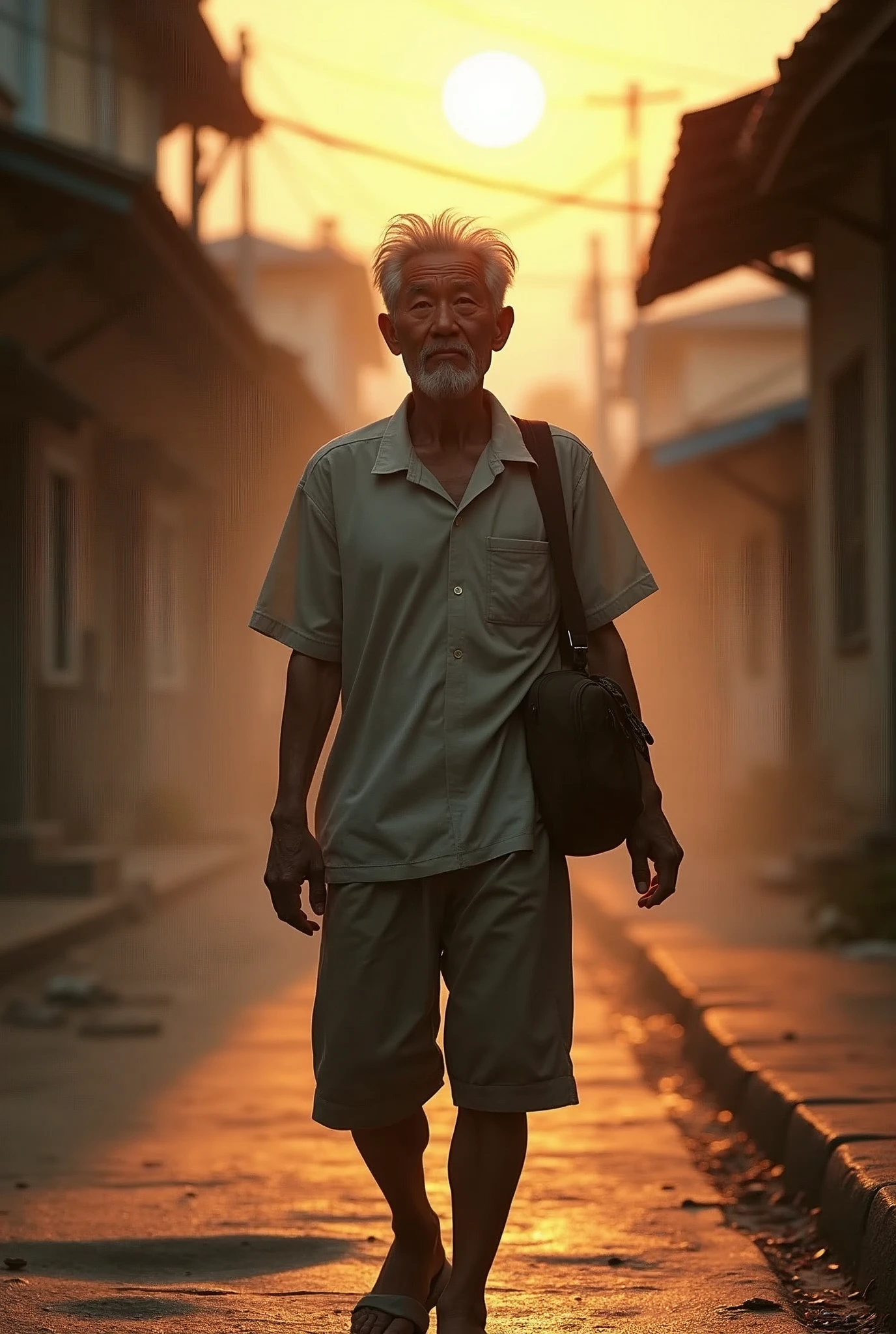 ( photo realism 1.2) photo realistic high detailed old Chinese male walking at old Malay town background shoulder bag white hair and goatee morning dusk sunlight effect smoke effect 80's photo filter morning mode short trousers messy hair cinematic view dramatic view sunrise effect