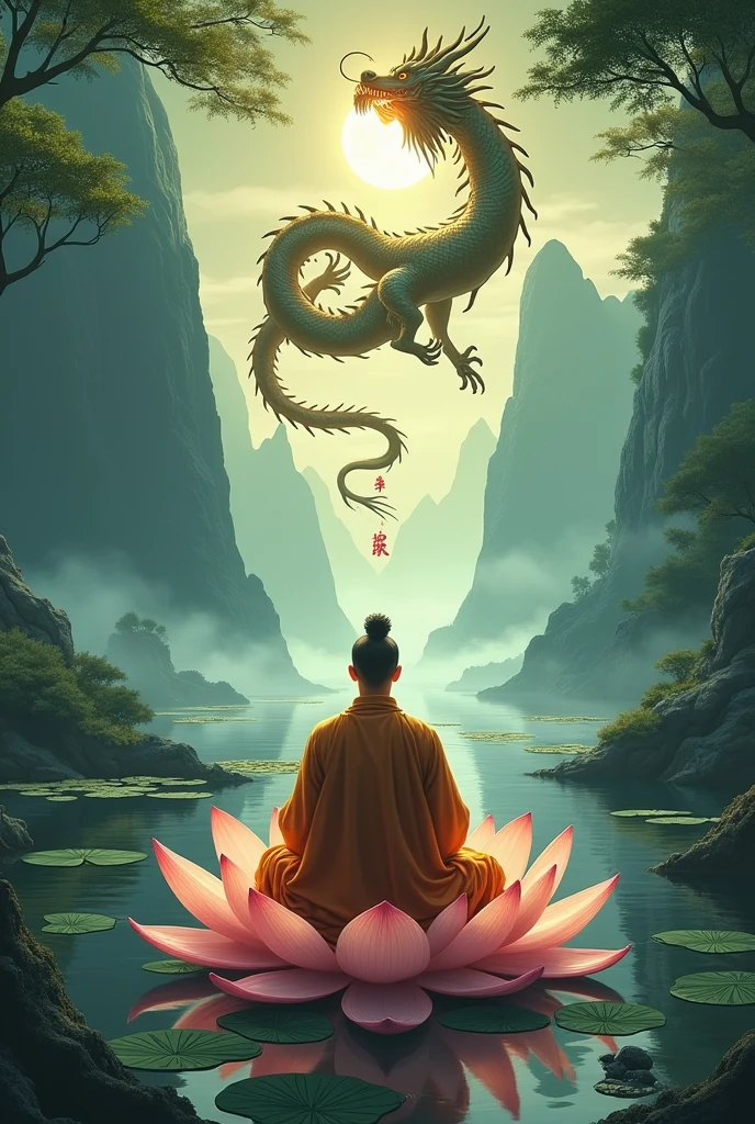 Create a cover for a RPG book based on Kung Fu and Chinese folklore. Take as a reference a Shaolin monk meditating sitting like a Buddha on a lotus flower. In a forest with Chinese mountains in the background, and a long dragon hovering over the monk blessing him. The image must convey peace.